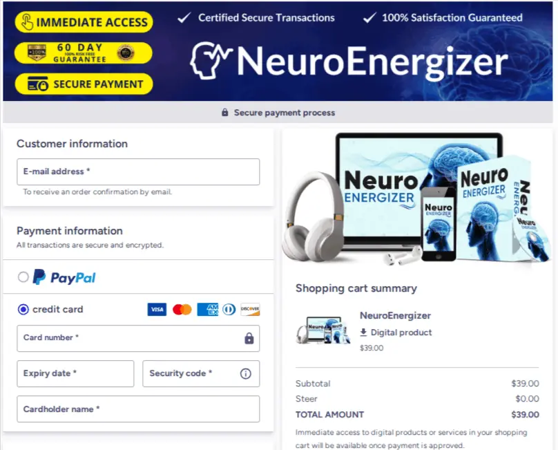 NeuroEnergizer ClickBank checkout page showing secure-payment badges and an order summary